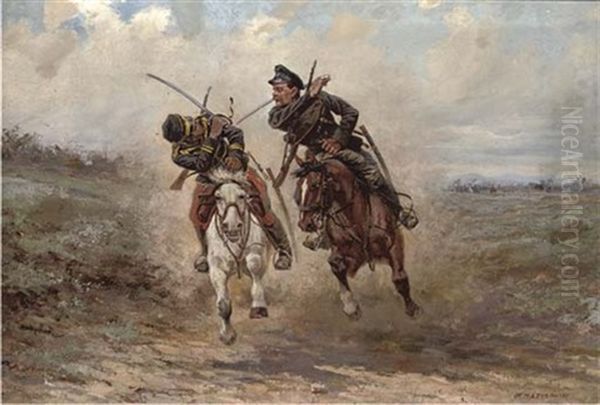 A Cavalry Skirmish Oil Painting by Viktor Vinkentevich Mazurovsky