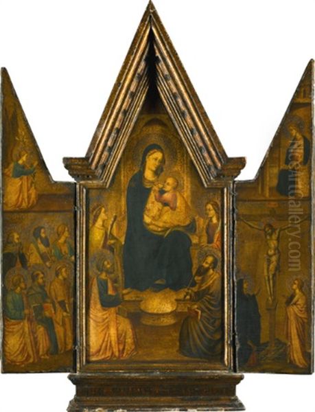 A Portable Triptych Showing The Madonna And Child Enthroned With Saints, With The Annunciation And Crucifixion Depicted On The Wings Oil Painting by Tommaso del Mazza (Master of Santa Verdiana)