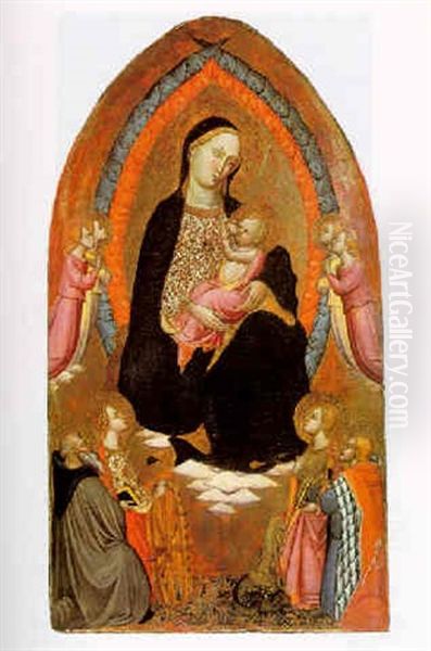 The Madonna And Child In Glory With Four Angels And Saint Anthony Abbot, Catherine, Margaret And Julian Oil Painting by Tommaso del Mazza (Master of Santa Verdiana)