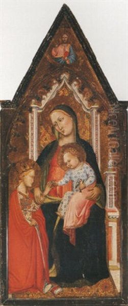 The Madonna And Child, Enthroned, Holding A Goldfinch, With Saint Catherine, Christ Above Oil Painting by Tommaso del Mazza (Master of Santa Verdiana)