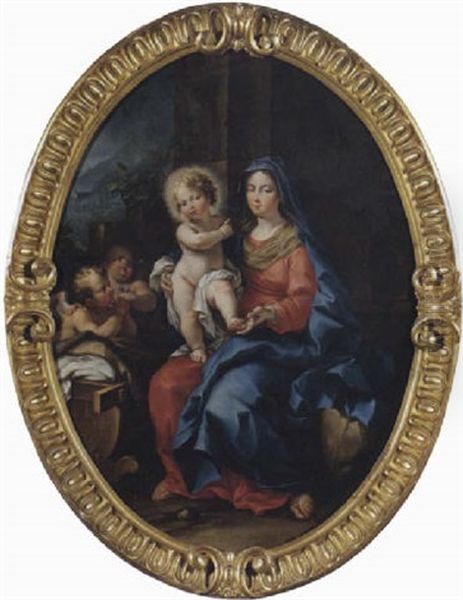 Madonna Con Bambino E Due Angeli Con Sfondo Paesistico In Lontananza Oil Painting by Ludovico Mazzanti