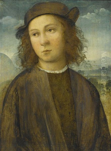 Portrait Of A Boy, Half Length, In A Landscape, Dressed In Black Robes And Cap Oil Painting by Agnolo di Domenico del Mazziere