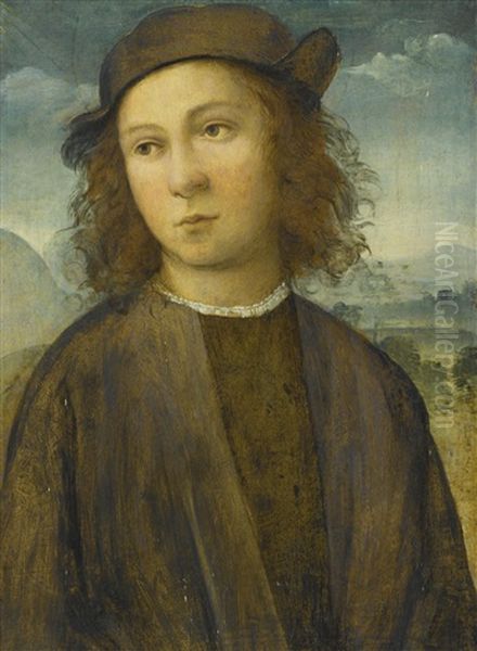 Portrait Of A Boy, Half Length, In A Landscape, Dressed In Black Robes And Cap Oil Painting by Agnolo di Domenico del Mazziere