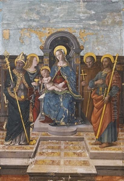 Madonna Col Bambino In Trono Fra I Santi Nicola Da Bari, Giacomo, Maddalena E Antonio Abate Oil Painting by Antonio di Donnino Mazziere