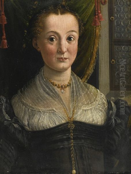 Portrait Of A Lady, Bust Length, In A Black Gown And Linen Partlet Oil Painting by Girolamo Mazzola Bedoli