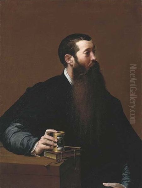 Portrait Of A Philosopher, Half-length, Seated, In A Black Cloak And Satin Jacket And A White Shirt, His Hand Resting On An Hour Glass Sitting... Oil Painting by Girolamo Mazzola Bedoli