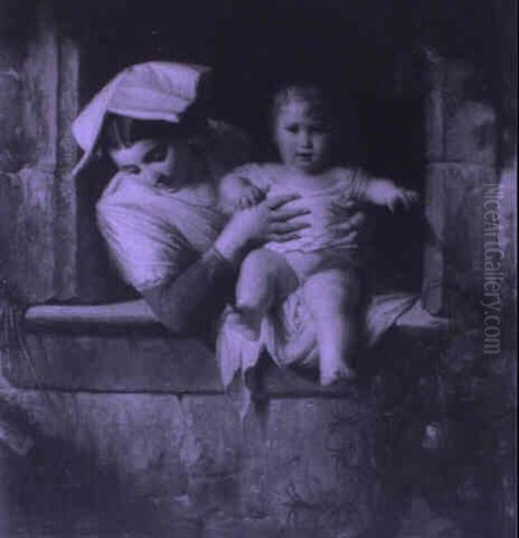 Mother And Child At A Window Oil Painting by Giuseppe Mazzola