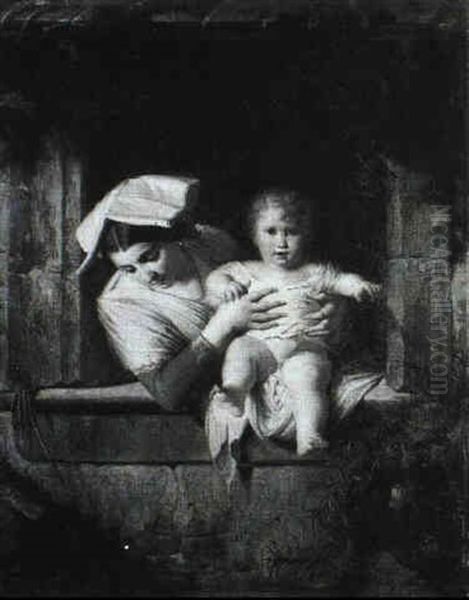 Mother And Child At A Window Oil Painting by Giuseppe Mazzola