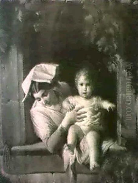 Mother And Child At A Window Oil Painting by Giuseppe Mazzola