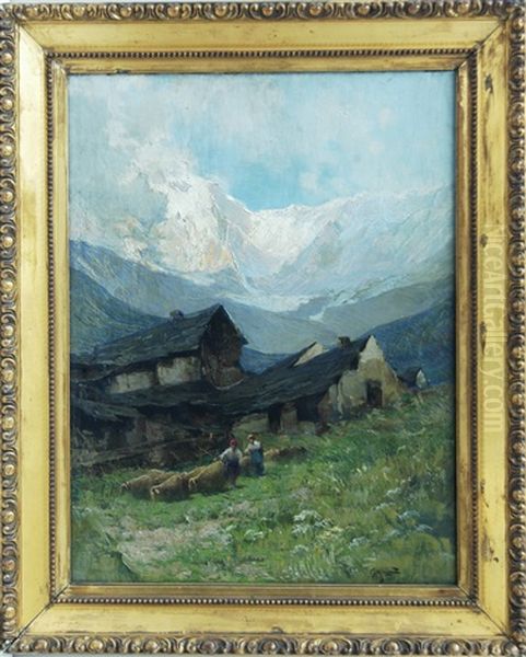 Paesaggio Montanto Con Baite Gregge E Contadine Oil Painting by Giuseppe Mazzolani