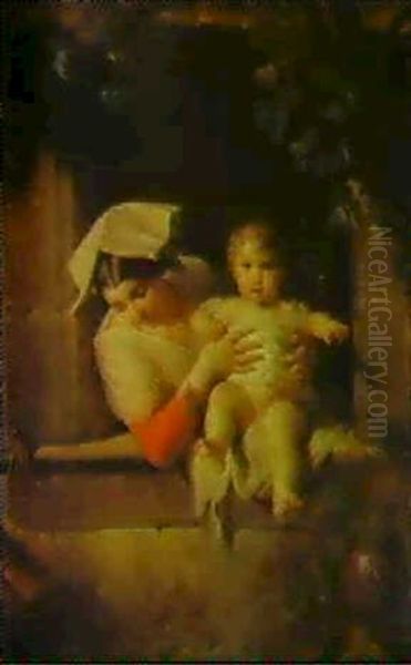 A Mother And Child At A Window Oil Painting by Giuseppe Mazzolani