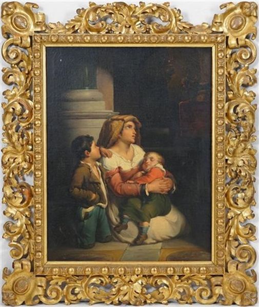 Mother And Children Oil Painting by Giuseppe Mazzolini