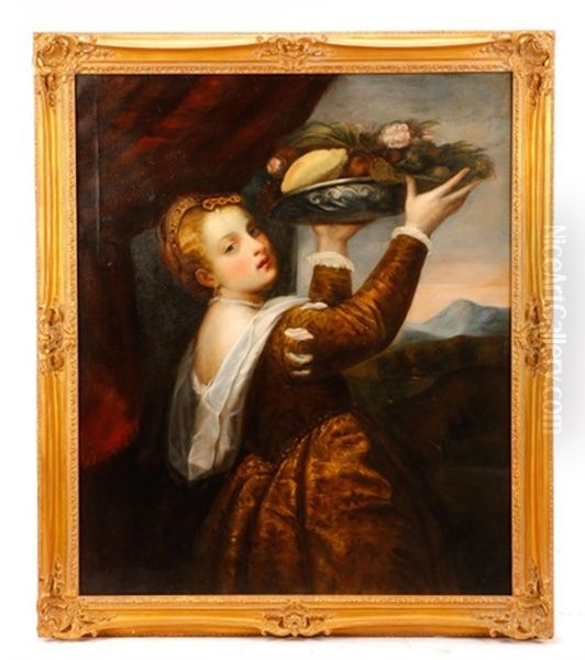 Girl With A Basket Of Fruits (lavinia) Oil Painting by Giuseppe Mazzolini