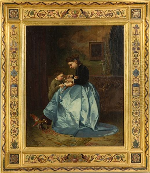 Woman With Child And Kitten Oil Painting by Giuseppe Mazzolini