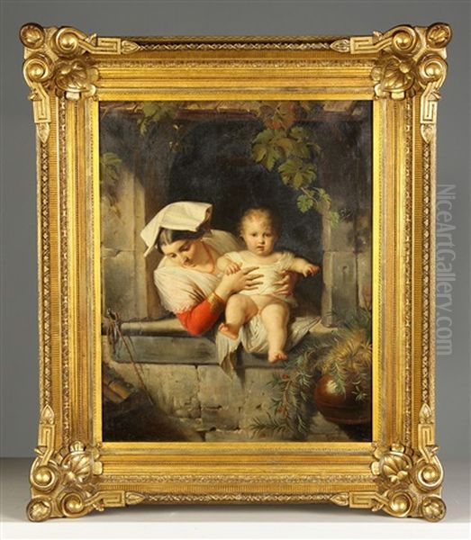 A Mother And Child At Window Oil Painting by Giuseppe Mazzolini