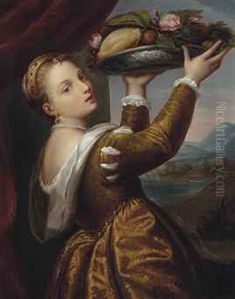 Woman With A Fruit Bowl (after Titian) Oil Painting by Giuseppe Mazzolini