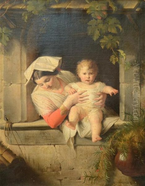 Mother And Child At A Window Oil Painting by Giuseppe Mazzolini