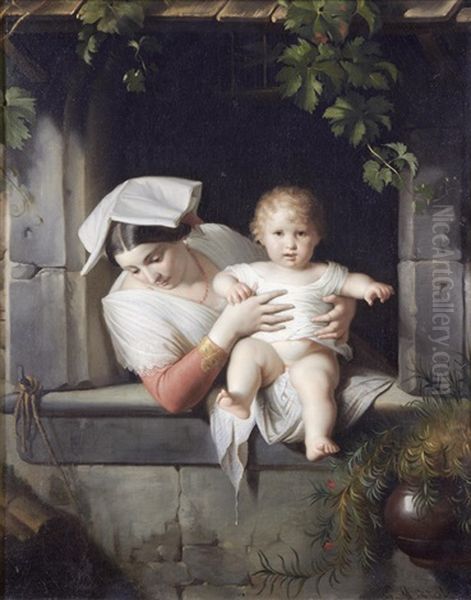 Neapolitan Mother And Child Oil Painting by Giuseppe Mazzolini