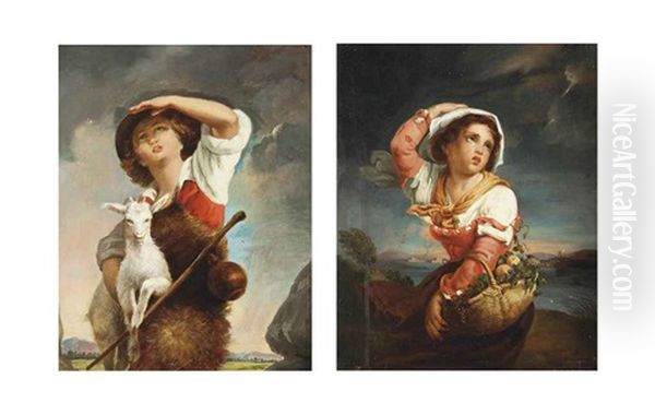 The Approaching Storm (+ The Goatherd; Pair) Oil Painting by Giuseppe Mazzolini