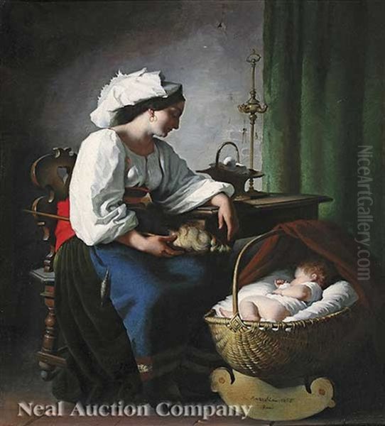 Mother Watching Over Her Sleeping Infant Oil Painting by Giuseppe Mazzolini