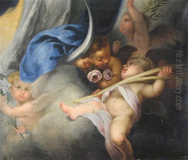 Putti Frolicking At The Foot Of The Madonna Oil Painting by Giuseppe Mazzolini