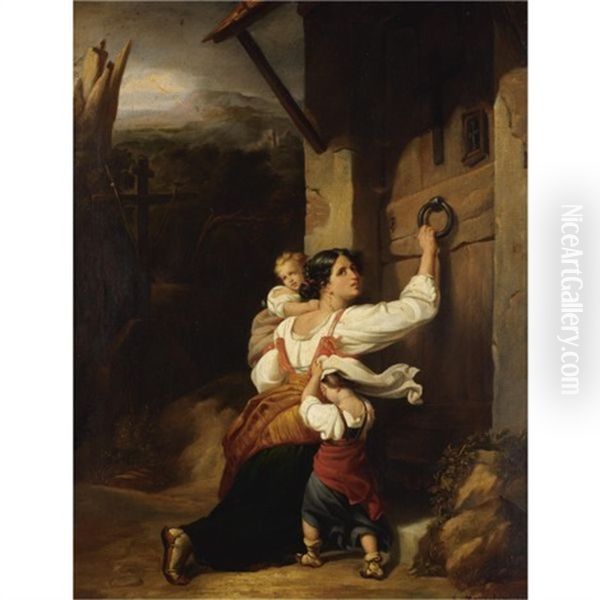 Mother And Children Fleeing (+ At The Altar; Pair) Oil Painting by Giuseppe Mazzolini