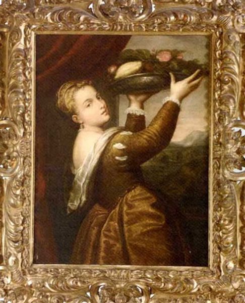 Lavinia And The Tray Of Fruit (after Titian) Oil Painting by Giuseppe Mazzolini