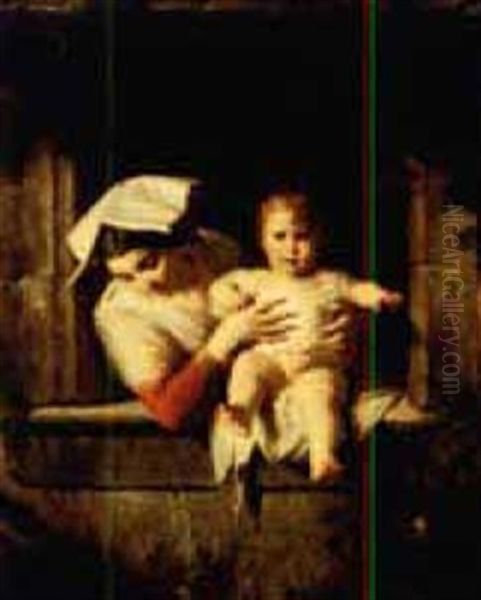 Mother And Child At A Window Oil Painting by Giuseppe Mazzolini