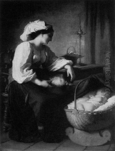 The Peaceful Slumber. Woman Holding A Distaff Watching A Sleeping Infant Oil Painting by Giuseppe Mazzolini