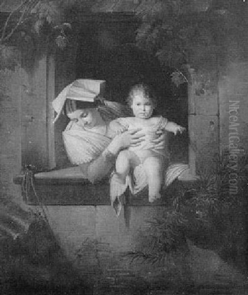 Mother And Child At The Window Oil Painting by Giuseppe Mazzolini