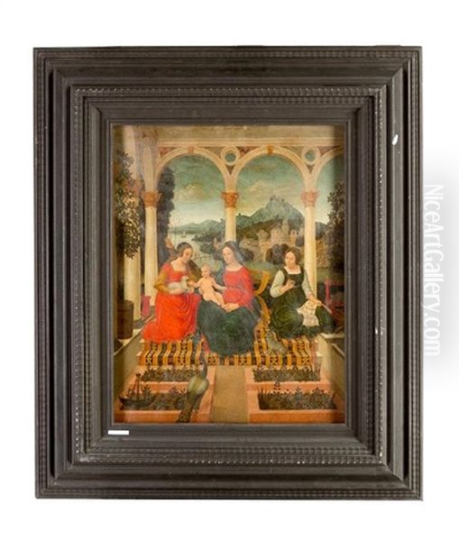 Maria With Jesus, Agnes And Saint Anna, Sitting On A Balcony With Animals And View To A Wide Landscape Oil Painting by Ludovico Mazzolino