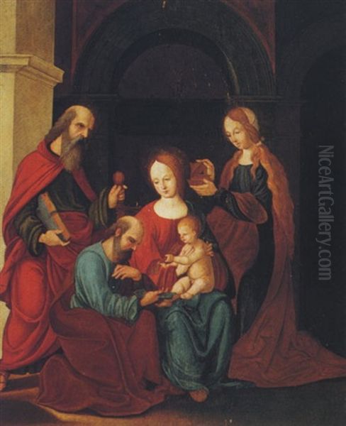 The Holy Family With Saint Peter And Mary Magdalene Oil Painting by Ludovico Mazzolino