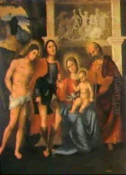 Holy Family With Saint Sebastian And Saint Roch Oil Painting by Ludovico Mazzolino