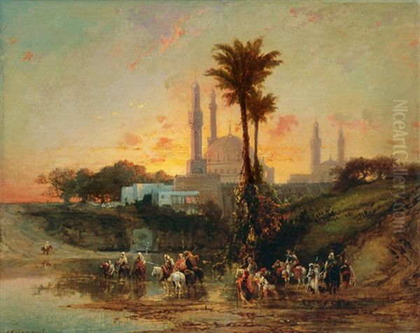 Sunset In An Oriental Town Oil Painting by Domenico Mazzoni