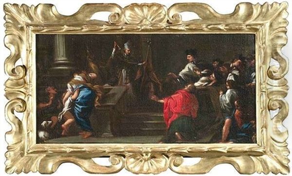 Ambrosius Verwehrt Kaiser Theodosius Wegen Des Blutbades In Thessalonike Den Eintritt In Die Kirche Oil Painting by Sebastiano Mazzoni