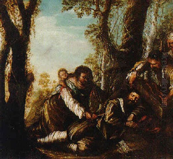 Gypsies Picking A Sleeping Traveller's Pockets Oil Painting by Sebastiano Mazzoni