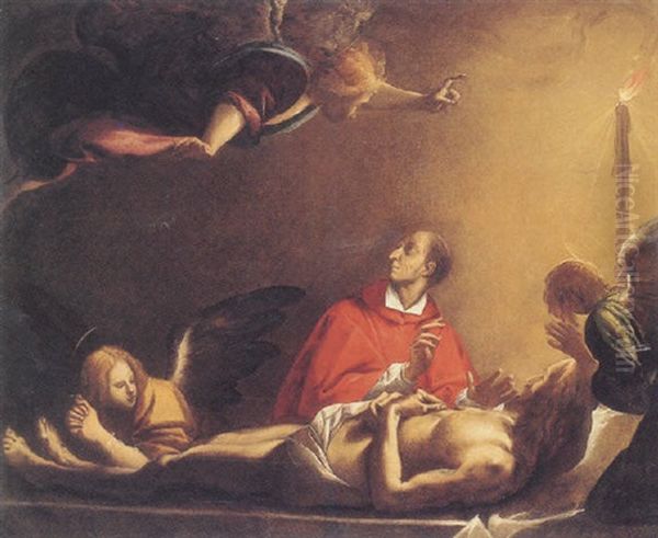 Saint Carlo Borromeo Meditating By The Body Of Christ Oil Painting by Pier Francesco (il Morazzone) Mazzuchelli