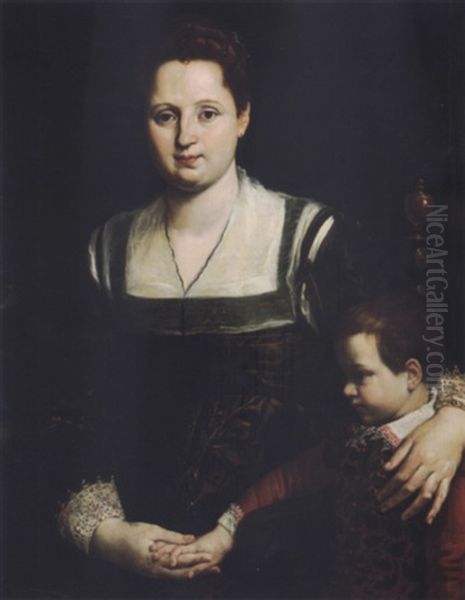 Portrait Of A Seated Woman And Her Young Son Oil Painting by Giuseppe Mazzuoli