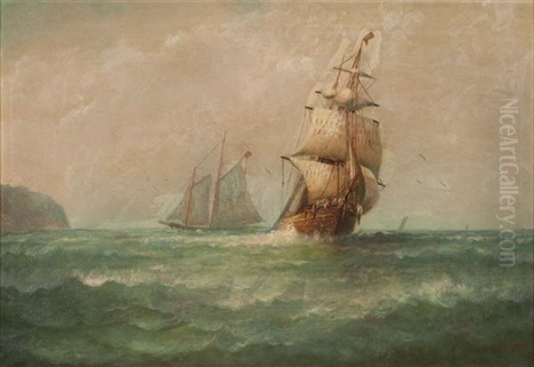 Two Sailing Ships On Moderate Seas Oil Painting by James J. Mcauliffe