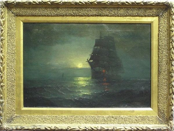 Ship In Moonlight Oil Painting by James J. Mcauliffe