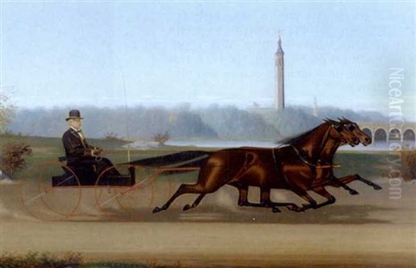 Our For A Carriage Ride With Two Trotters Oil Painting by James J. Mcauliffe