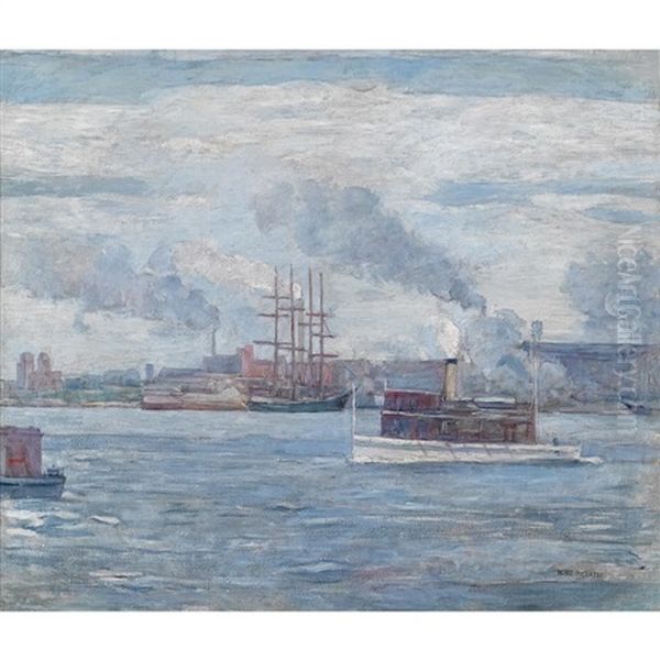 Steam Ships In An Industrial Harbor Oil Painting by Henry McCarter