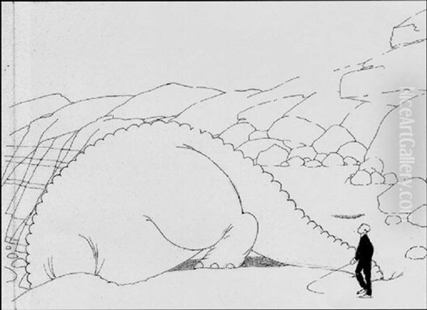 Gertie Leaning Into Rock Quarry, Mccay With Whip Standing Nearby Oil Painting by Winsor Mccay