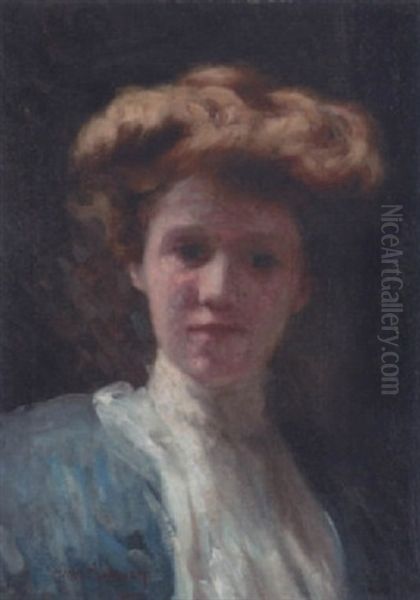 Portrait Of A Young Lady, Wearing A Blue Dress Oil Painting by Clara Taggart Mcchesney