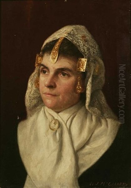 Portrait Of A 19th C. Woman In Fancy Lace And Gold Head Covering Oil Painting by William J. McCloskey