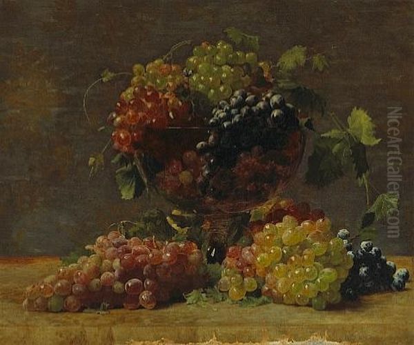 A Variety Of California Grapes In A Glass Vase Oil Painting by William J. McCloskey