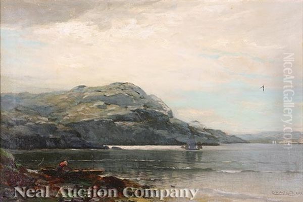 Fisherman In An Inlet With Sailing Boats Offshore Oil Painting by George Herbert McCord