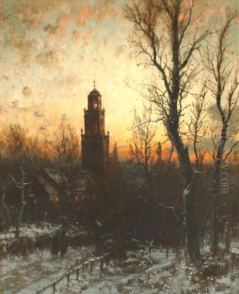 Luminous Sunset With Man Walking To Church Oil Painting by George Herbert McCord