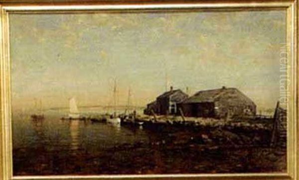 Coastal Scene With Boat Houses And Sailboats Oil Painting by George Herbert McCord