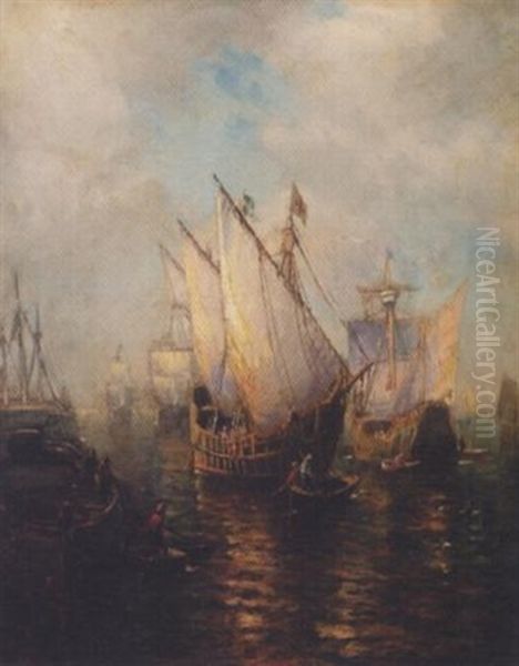 A Busy Harbor Oil Painting by George Herbert McCord